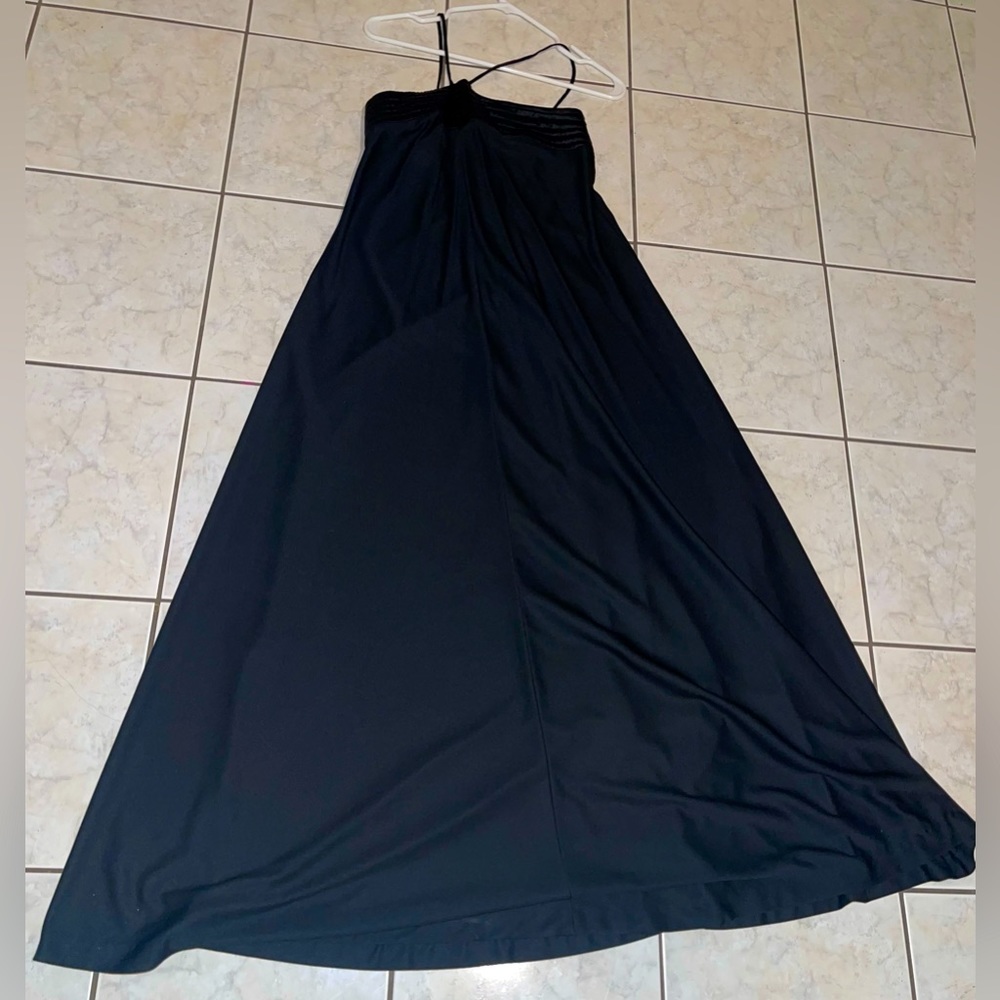 Vintage 70s Leslie J black maxi dress thin straps wide flowy dress